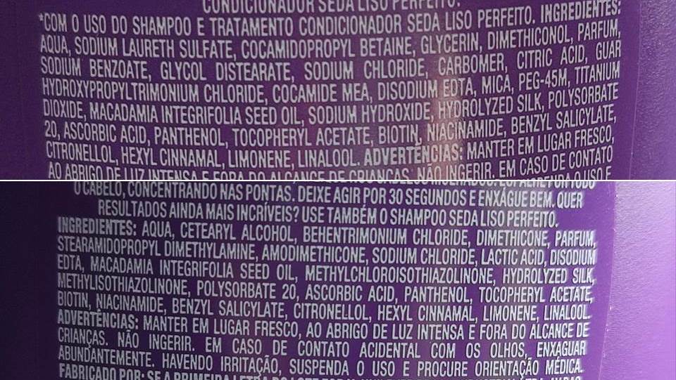 COMPOSIÇÃOShampoo e Condicionador Seda Liso Perfeito. 